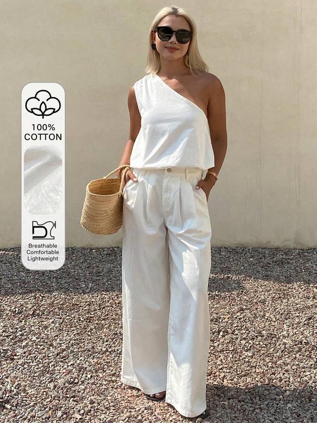 white cotton one-shoulder top and wide-leg trousers set