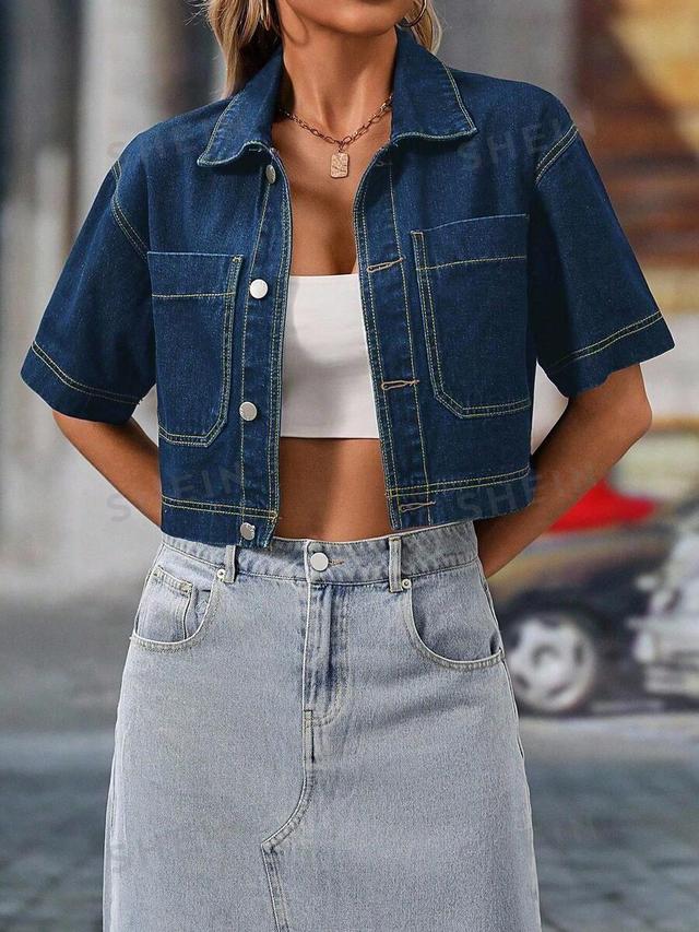 short sleeve dark wash denim cropped jacket