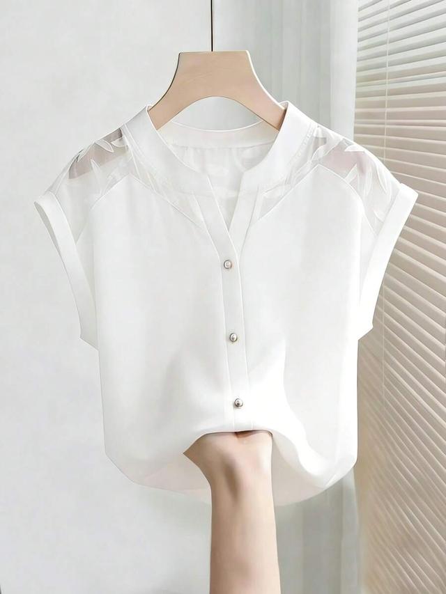 elegant white chiffon blouse with sheer leaf embroidery