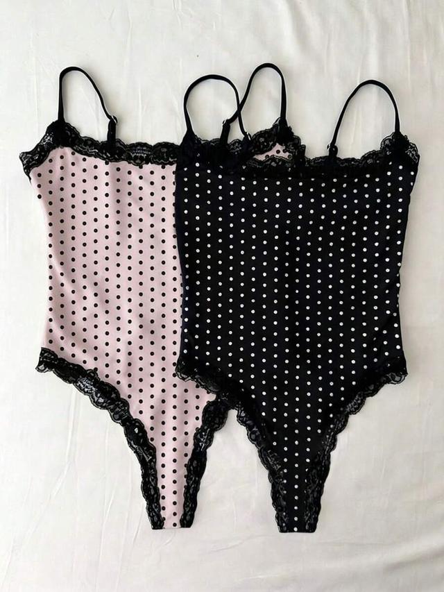 pink polka dot lace trim camisole bodysuit