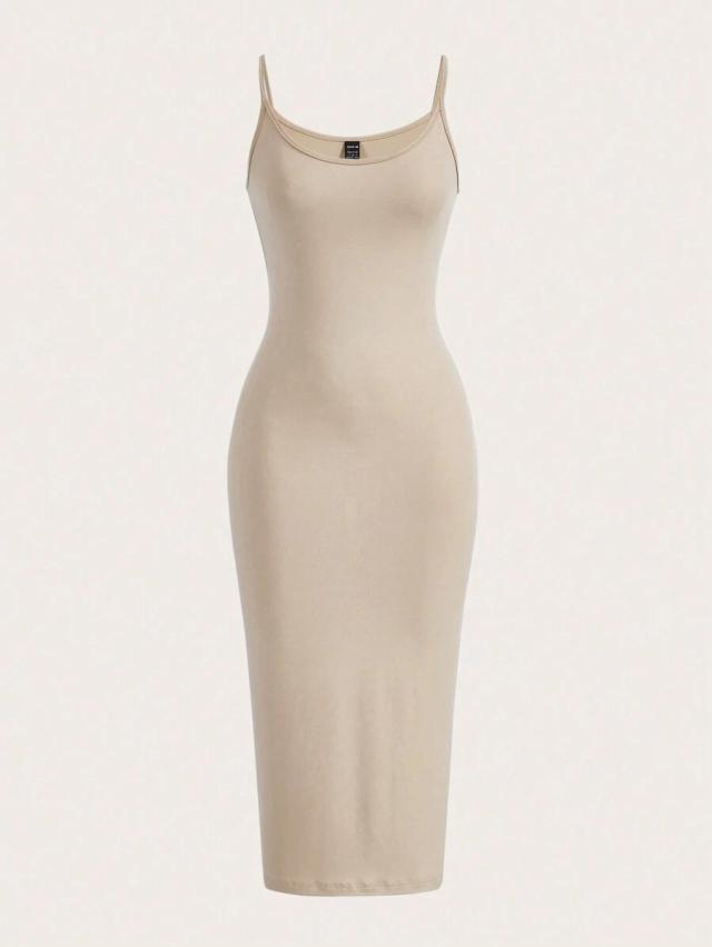 solid beige spaghetti strap bodycon midi dress