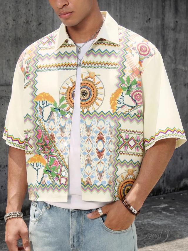 men's geometric floral print short sleeve shirt