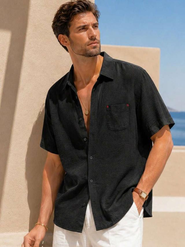black faux linen short sleeve classic collar shirt