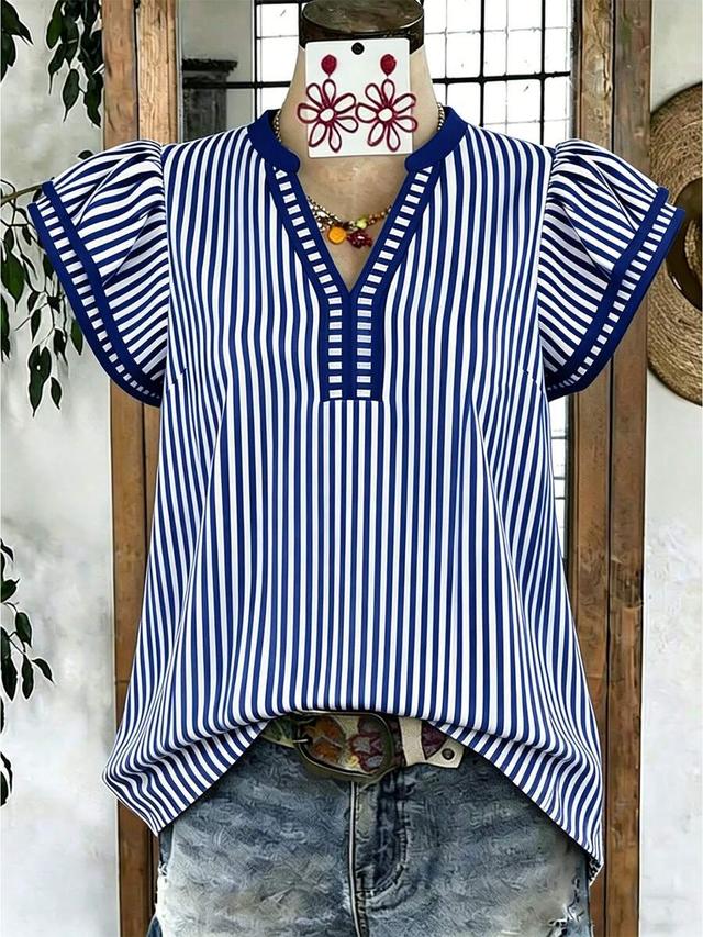 striped v-neck puff sleeve top with contrast trim