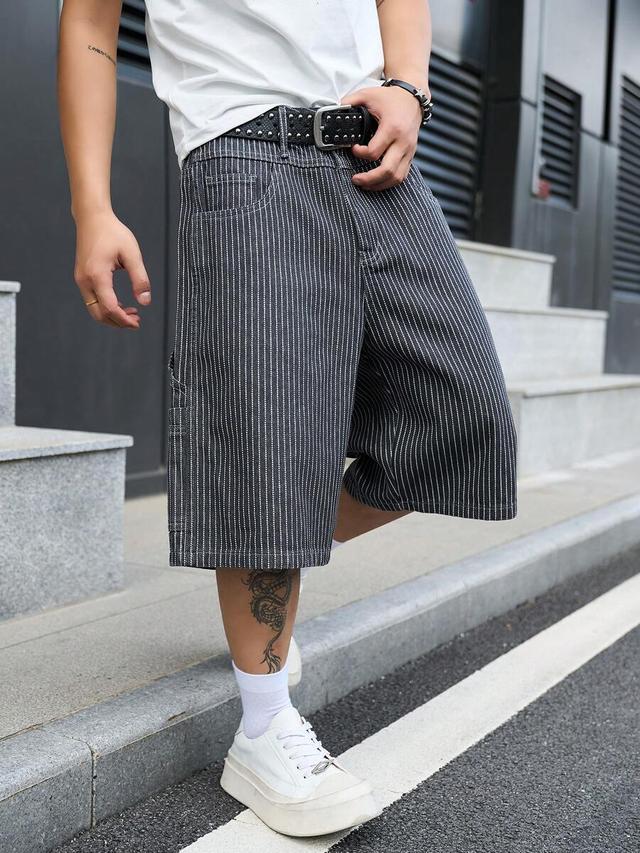 men's dark gray striped denim cargo shorts