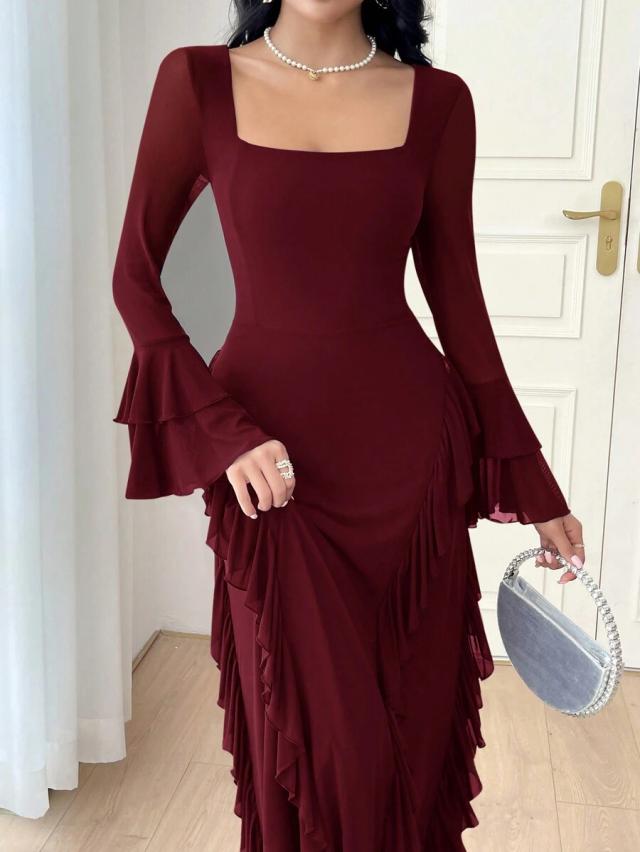 burgundy red square neck long sleeve pleated maxi dress