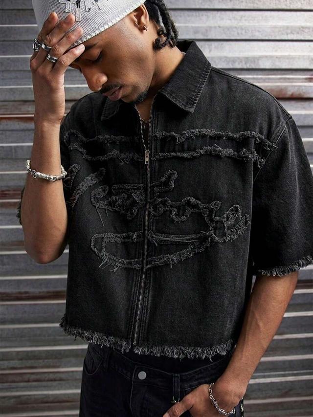 axepeak men's washed black denim applique embroidery jacket