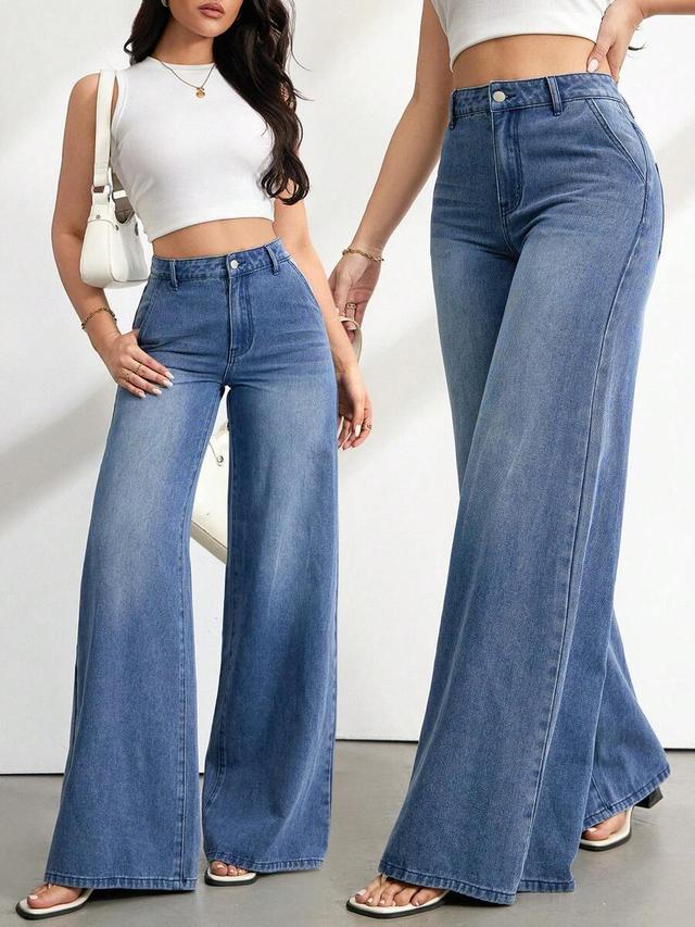 vintage blue wash high waist wide leg jeans