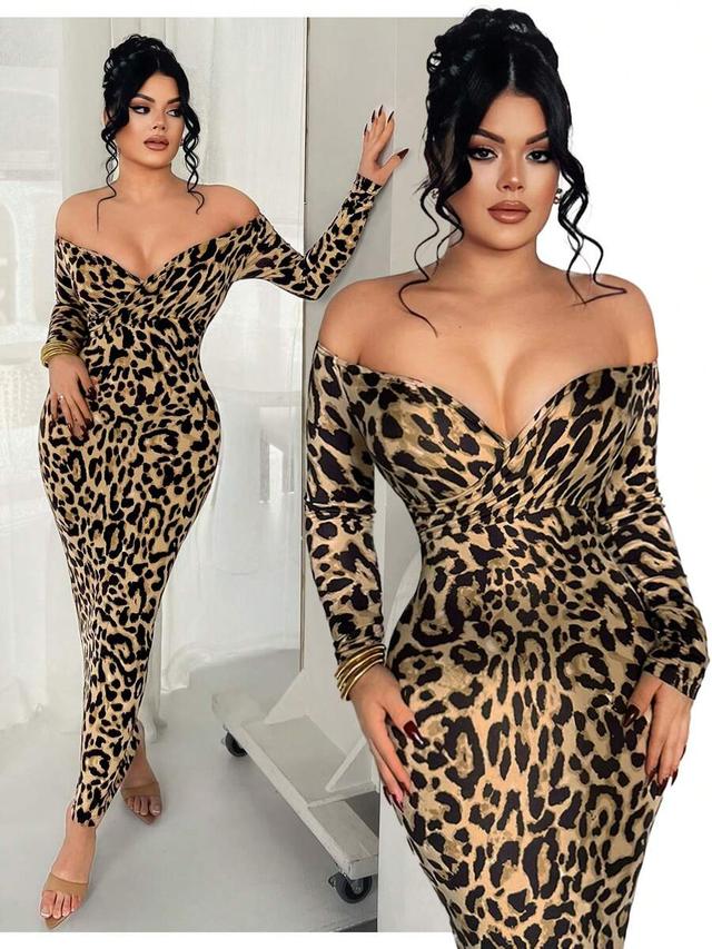 leopard print off shoulder fitted long dress