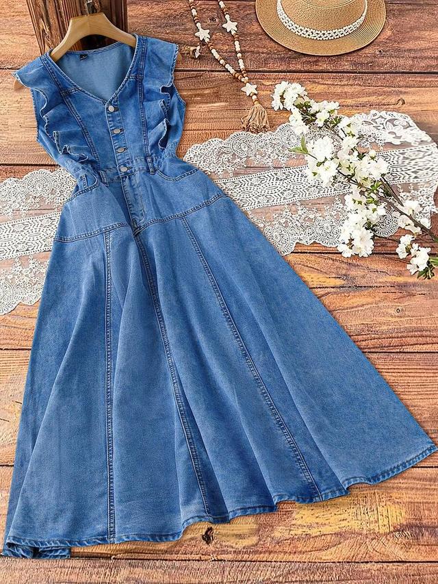 casual ruffled button half-placket denim dress