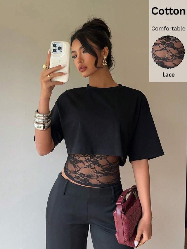 black lace patchwork short sleeve crop top