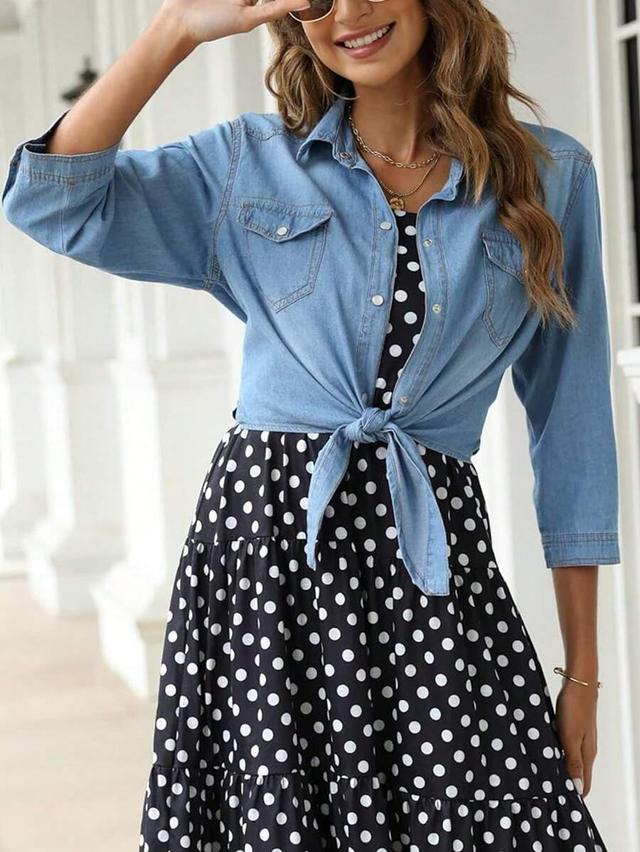 black white polka dot button-up shirt with tie front