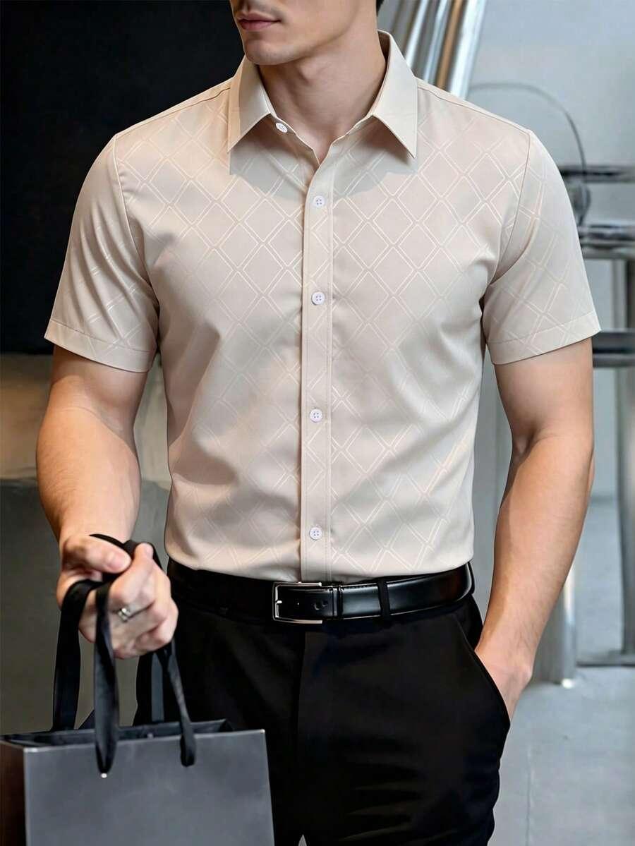 beige diamond print short sleeve formal shirt