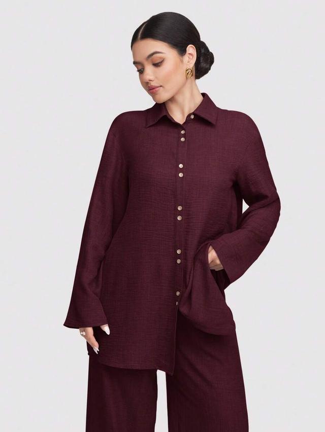 burgundy solid color button up long sleeve blouse