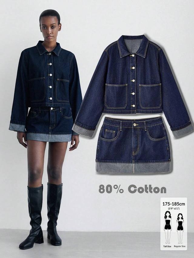 navy blue denim collared crop jacket and mini skirt set