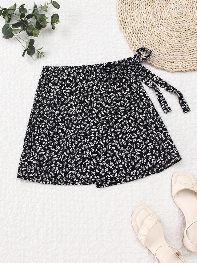 black floral printed tie waist casual skirt