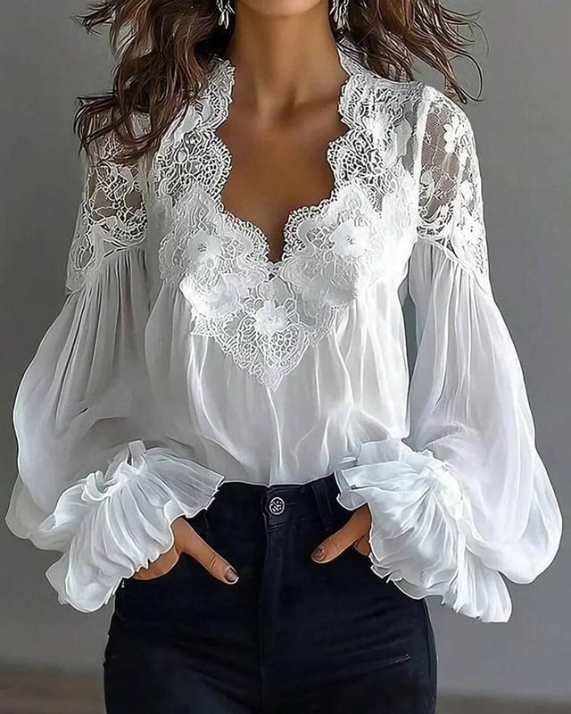 white lace trim v-neck chiffon lantern sleeve blouse