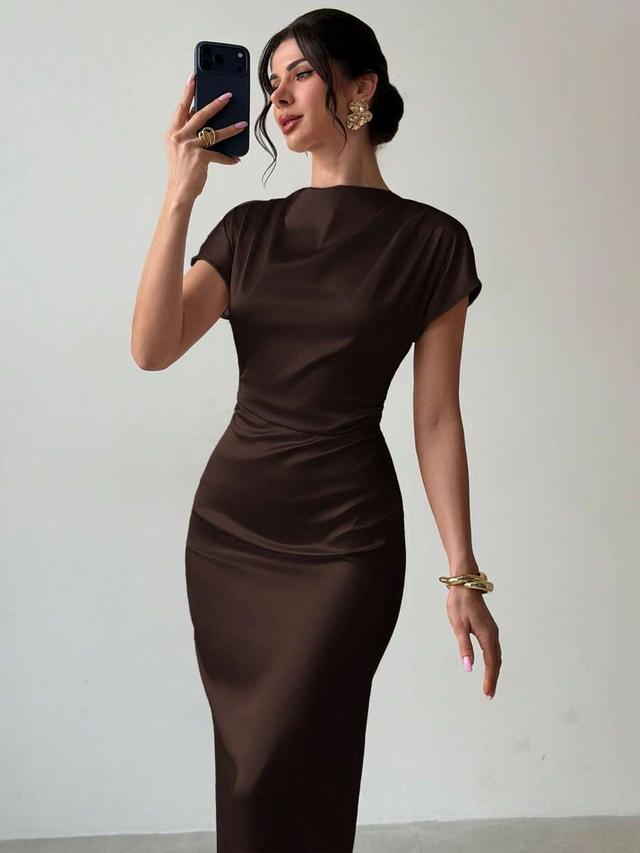 dark brown minimalist pleated cap sleeve fitted dress