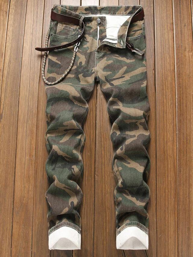 men's camouflage drawstring decor slim fit jeans