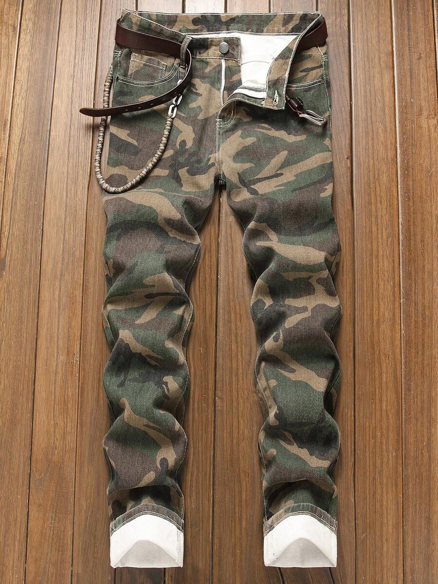 men's camouflage drawstring decor slim fit jeans