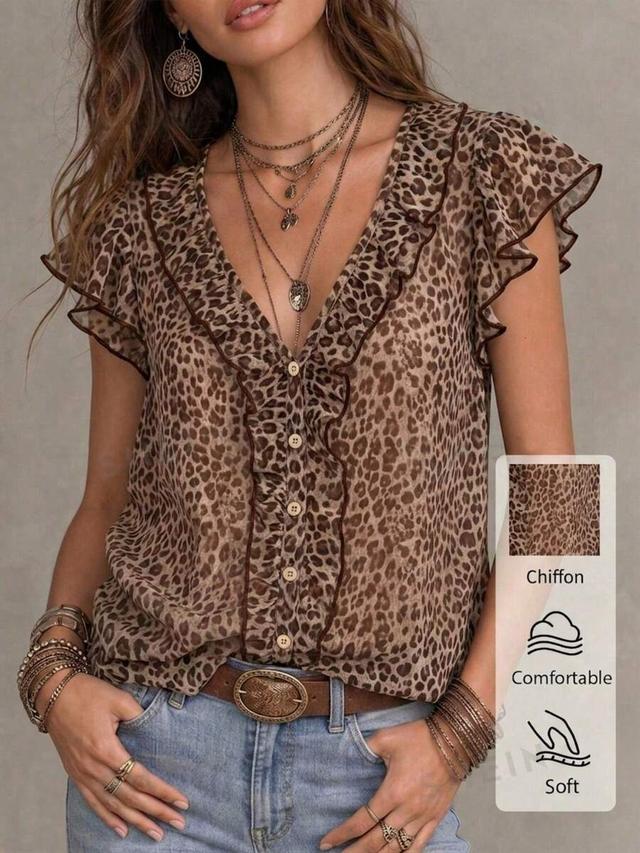 leopard print ruffle trim chiffon blouse