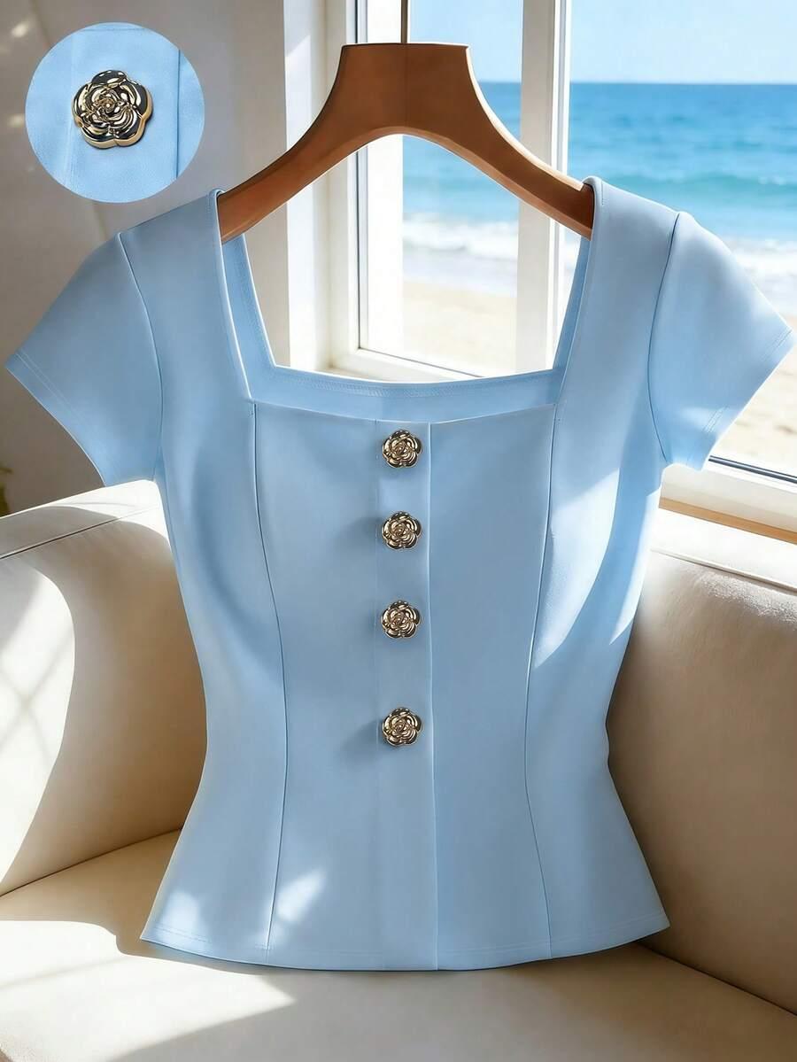 light blue square neck short sleeve button blouse