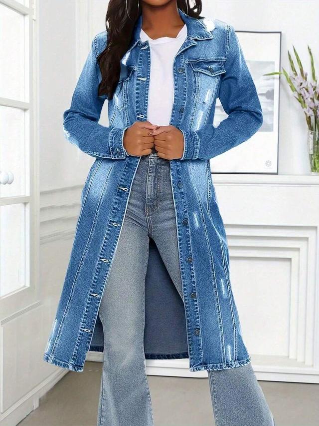 distressed denim mid length single breasted trench coat