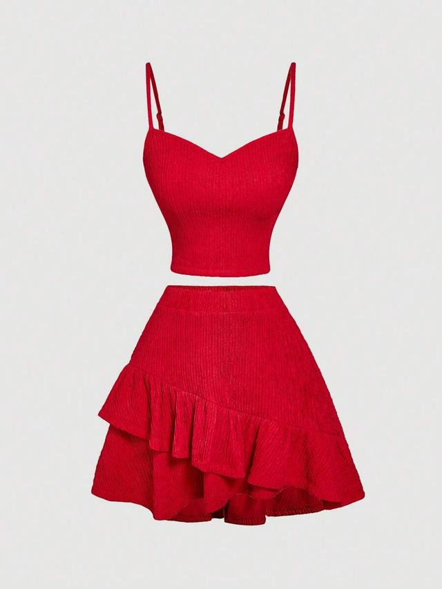 red textured casual cami vest and ruffle skirt set