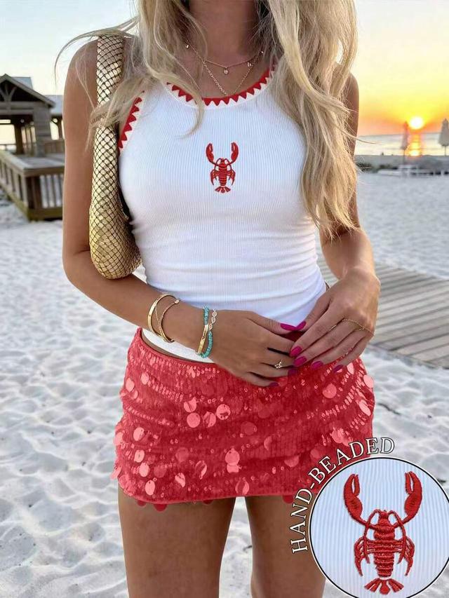 white and red lobster embroidered ribbed tank top