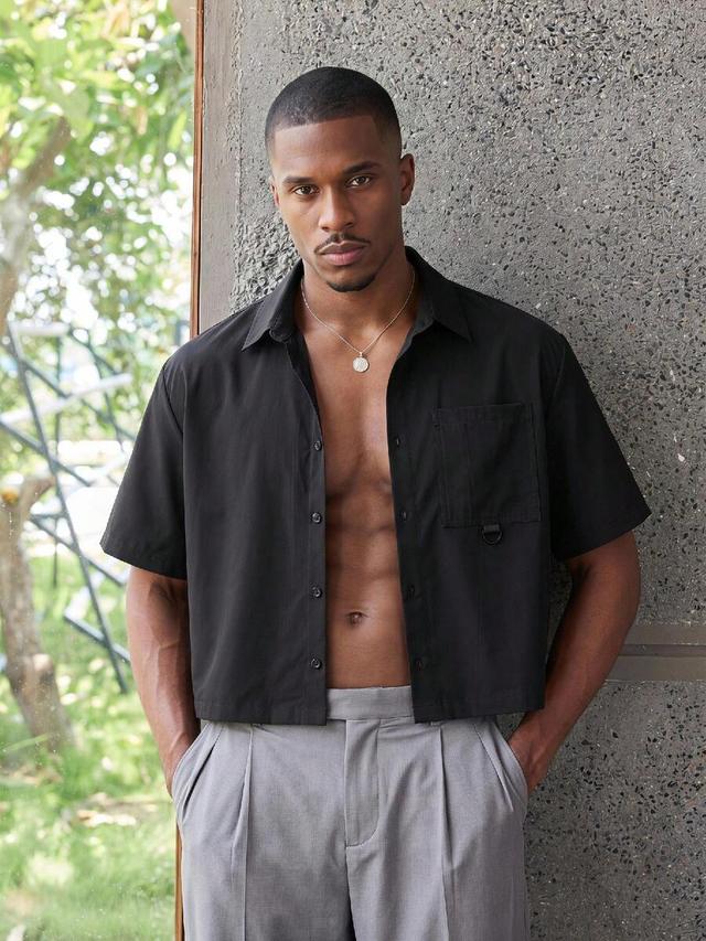 estavor black short-sleeved loose-fitting cotton shirt