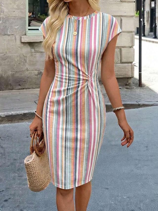 multicolor striped jersey twist-waist sheath dress