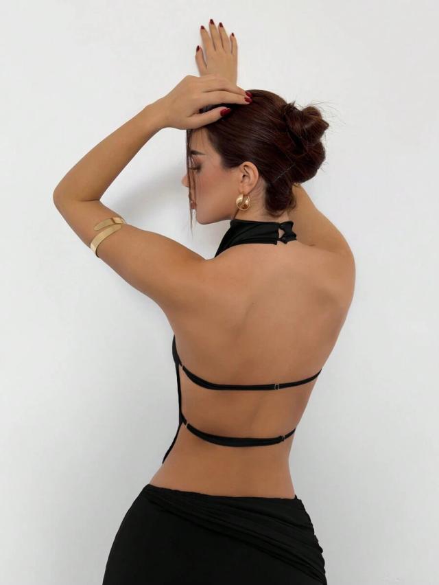 black high collar backless satin cami top