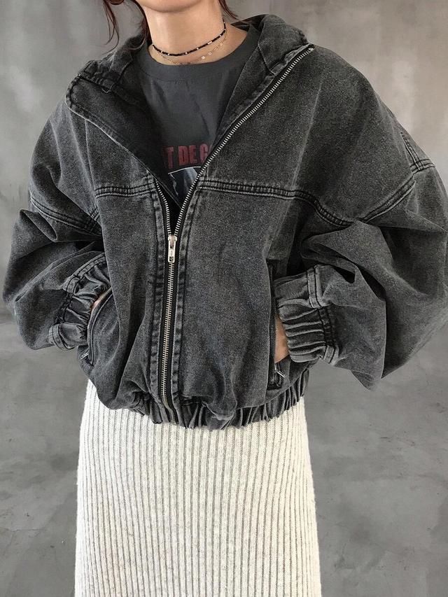 oversized acid wash black denim zip jacket