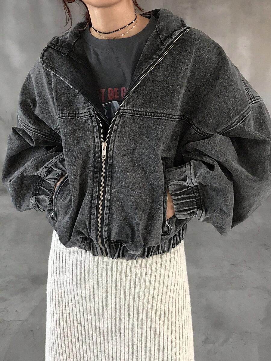 oversized acid wash black denim zip jacket
