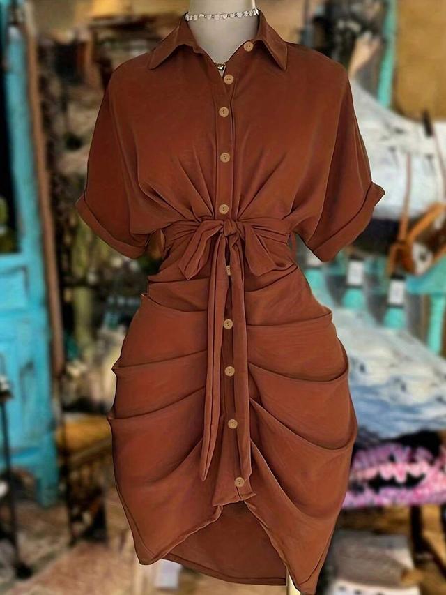 rust brown button-down shirt dress with waist tie