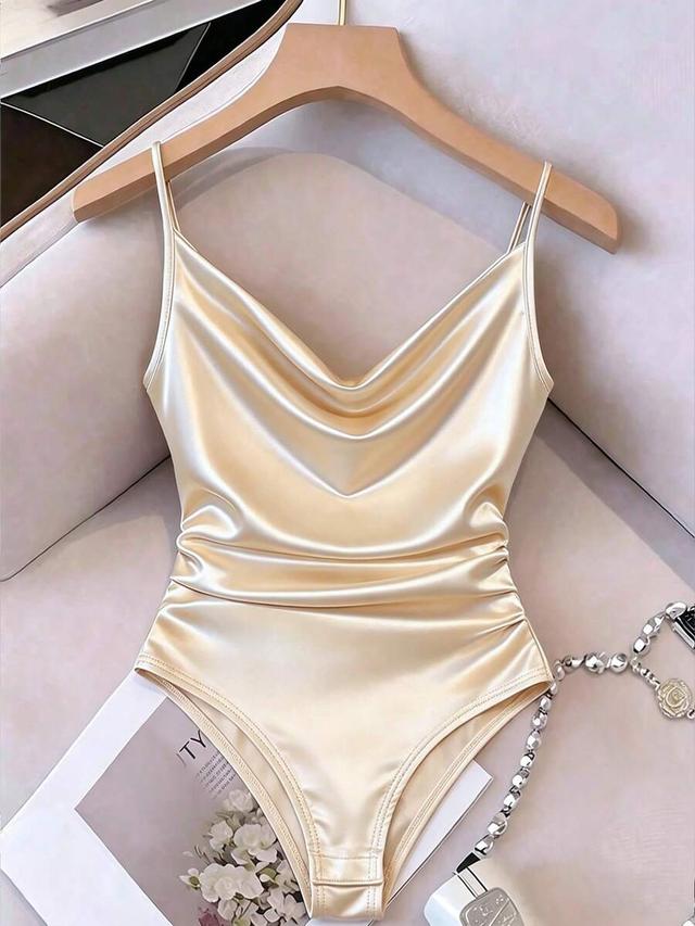 champagne gold draped neck ruched sleeveless satin bodysuit