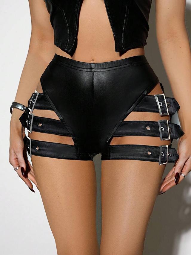 black pu leather cutout shorts with buckle straps