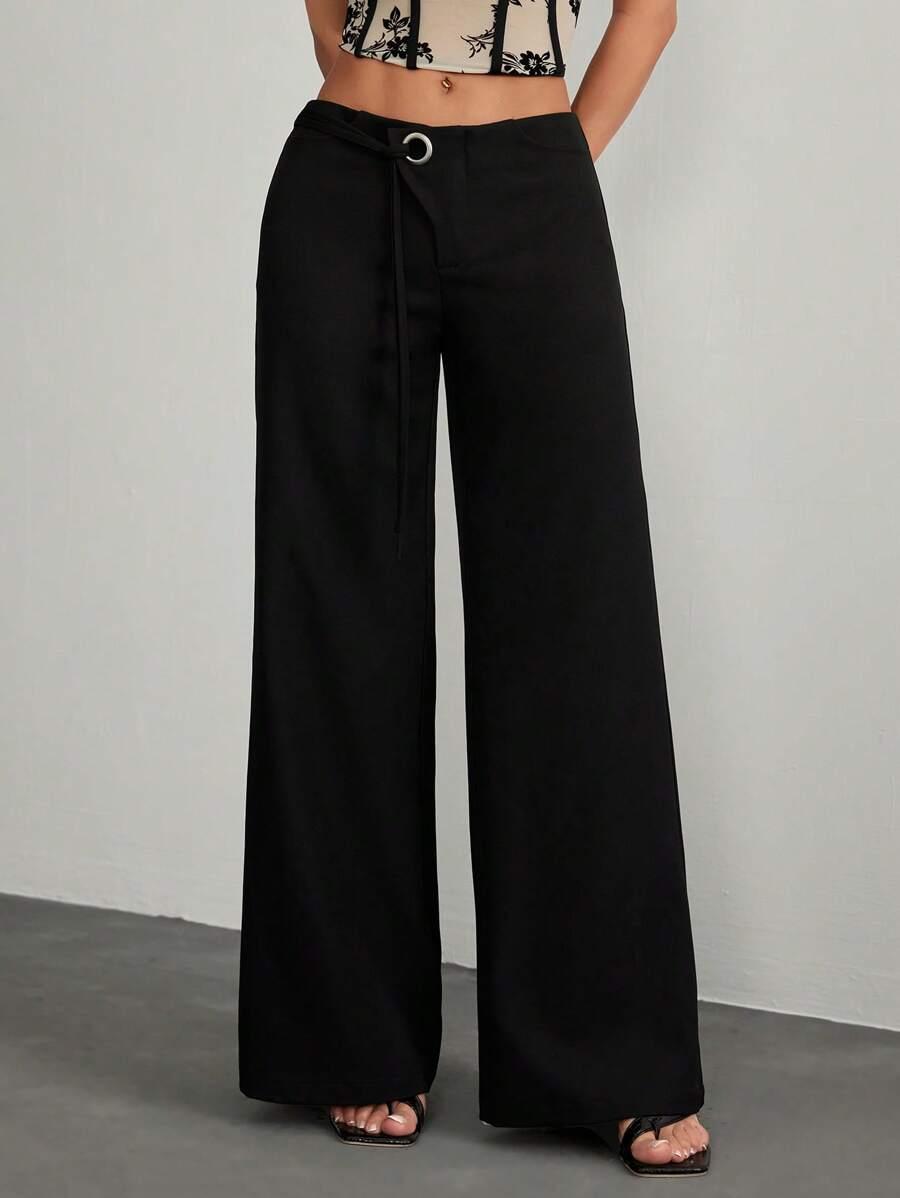 high waisted black wide leg trousers with eyelet tie