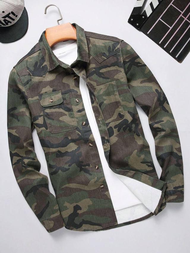 camouflage print button-front denim shirt