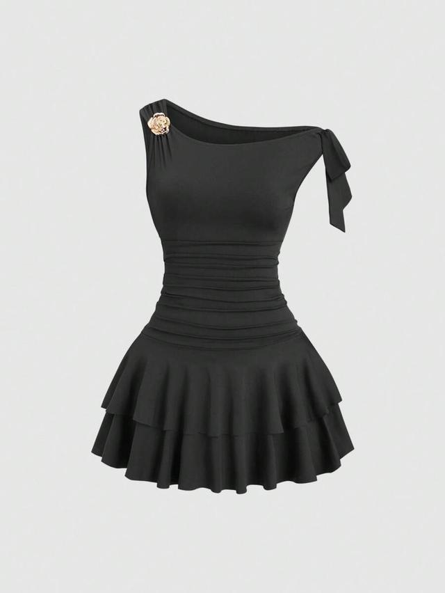 black asymmetric neck ruffle hem dress with flower decor