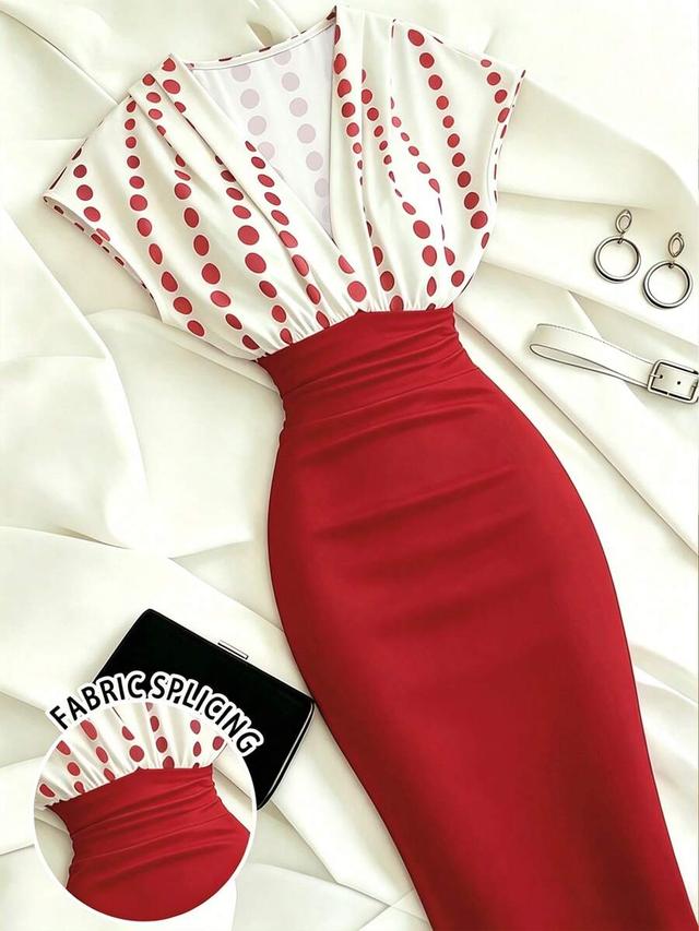 polka dot bodice red pencil dress