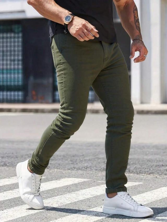 men's olive green slim-fit cotton twill trousers