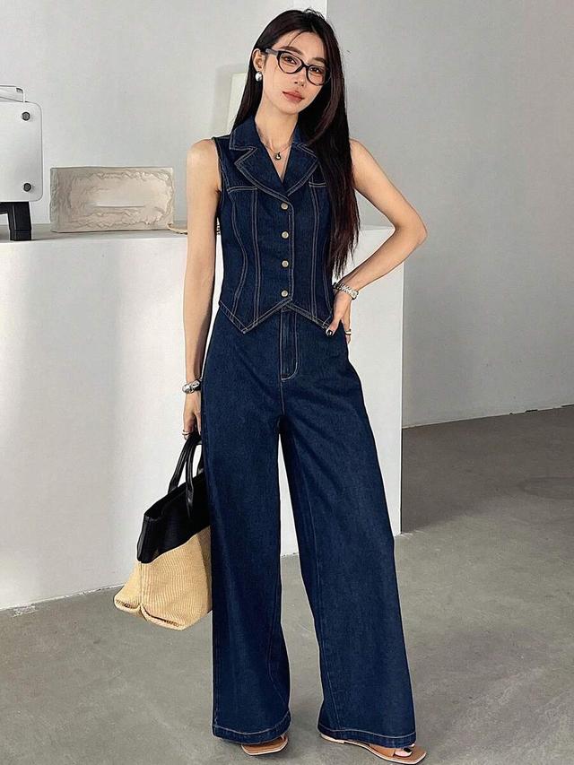 dark denim sleeveless vest and matching wide-leg trousers