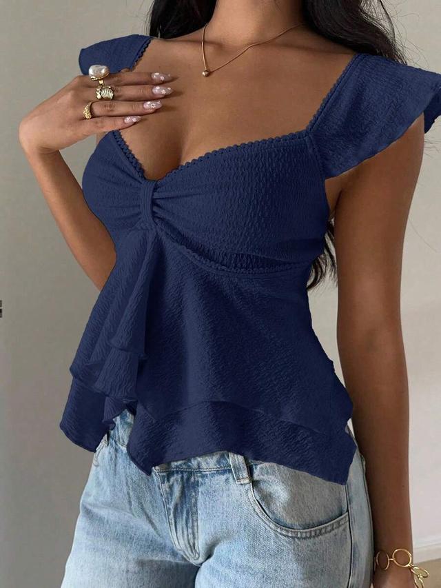 textured knit ruffle hem sweetheart neck cap sleeve top