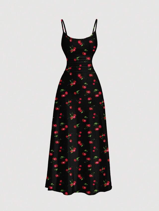 black cherry print ruched waist swing strap dress