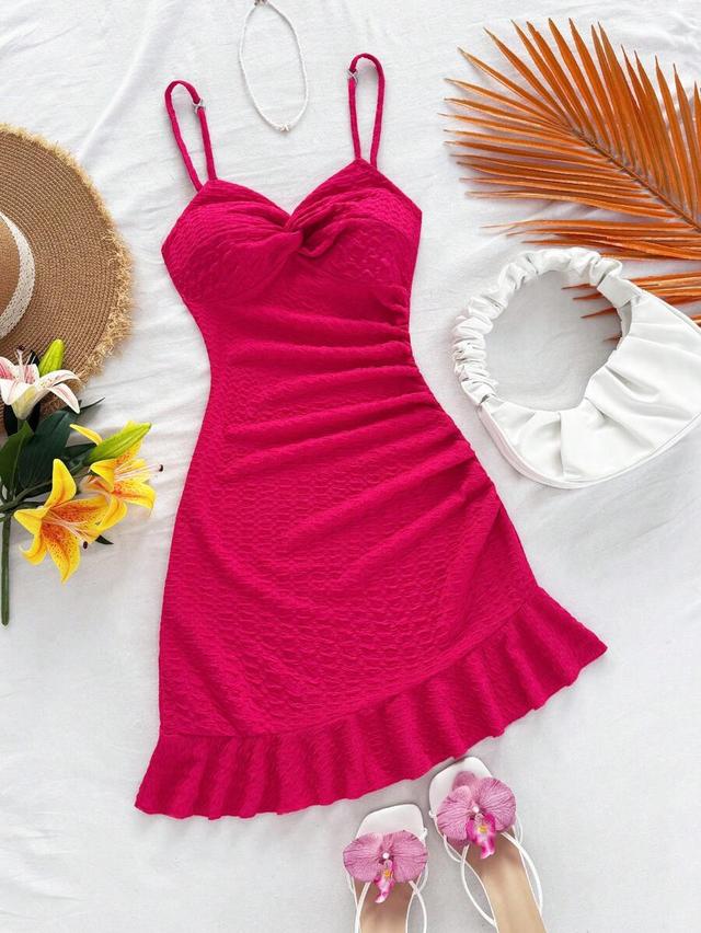 fuchsia textured knit asymmetric ruffle hem mini dress