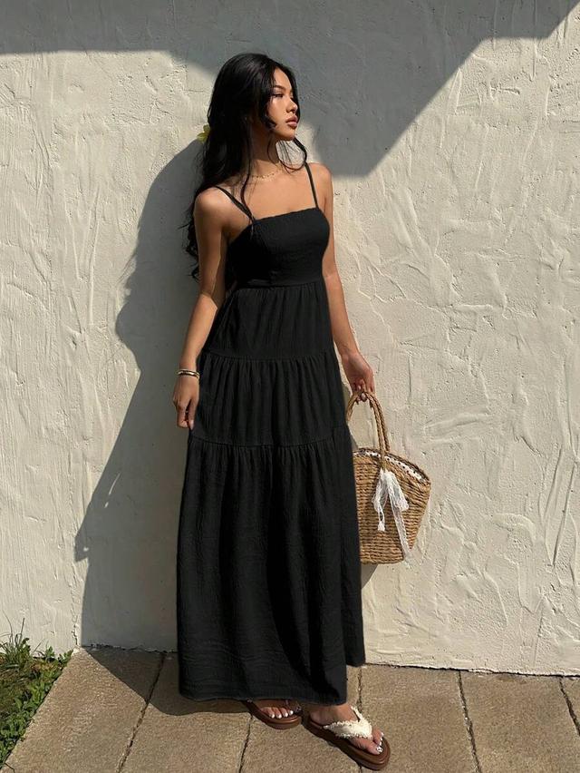 black textured fabric smocked bodice tiered maxi dress
