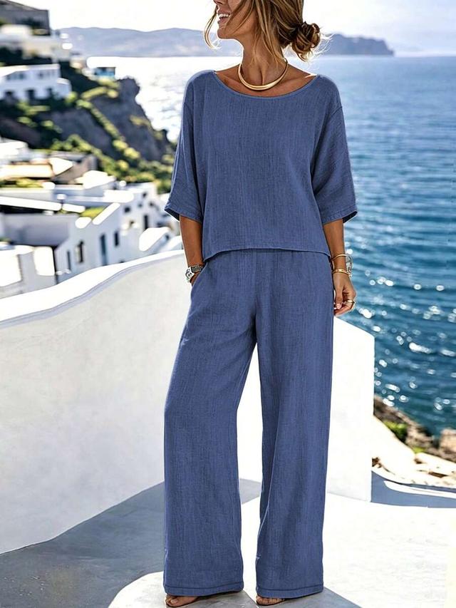blue casual linen blend round neck pant set