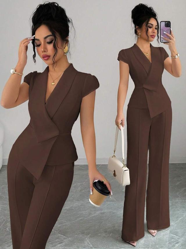 brown asymmetrical collar blouse and elastic waist trousers set