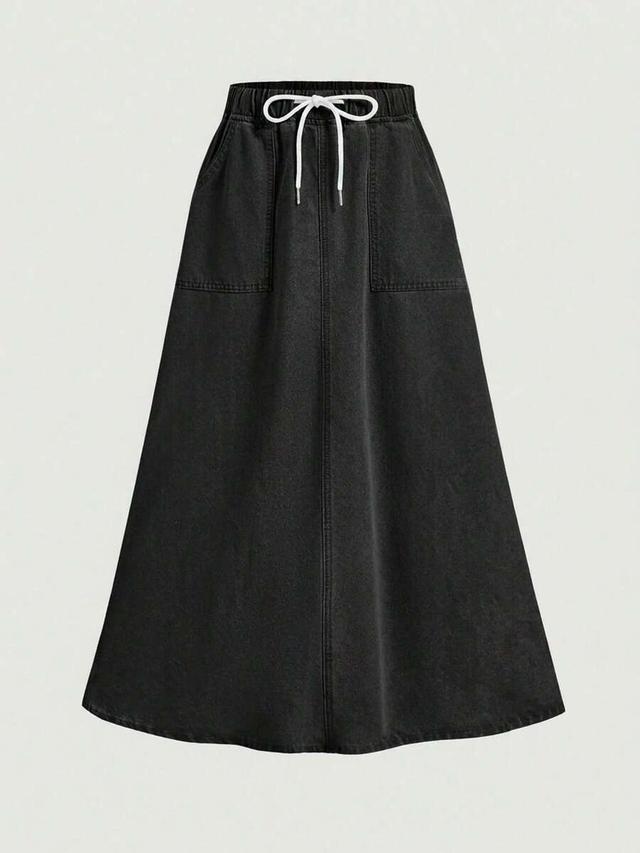 black denim midi skirt with drawstring waist